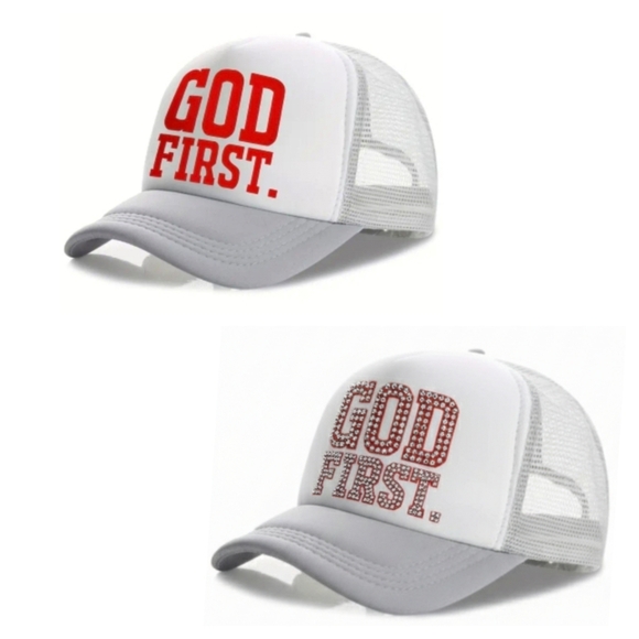 Accessories - GOD FIRST. Gray and White Trucker Cap 🧢 UNISEX